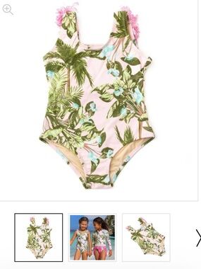 Kids Pink Tropical Palm One-Piece Swimsuit with Ruffle Straps - New